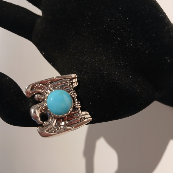 Pre-owned Mens Southwest Style Turquoise Rhodium over Sterling Silver Eagle Ring
